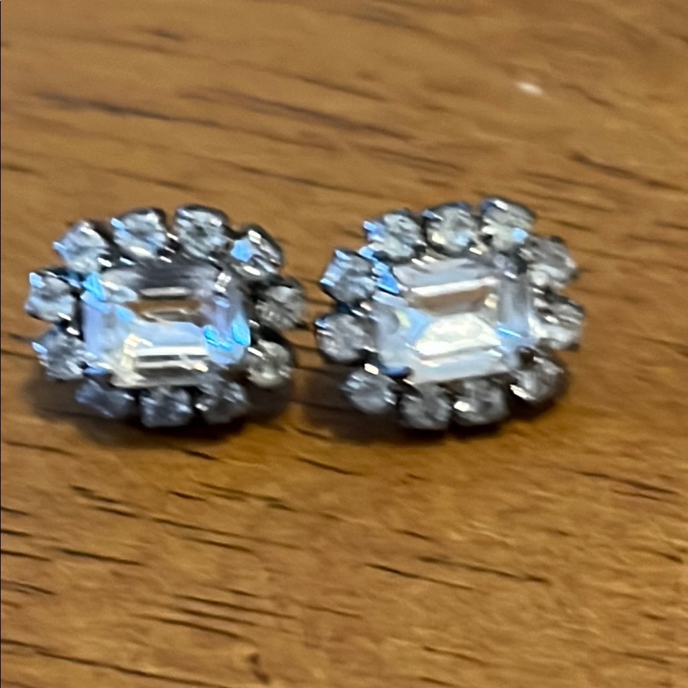 Vintage Silver Cluster Earrings with Emerald-Cut Center Stone